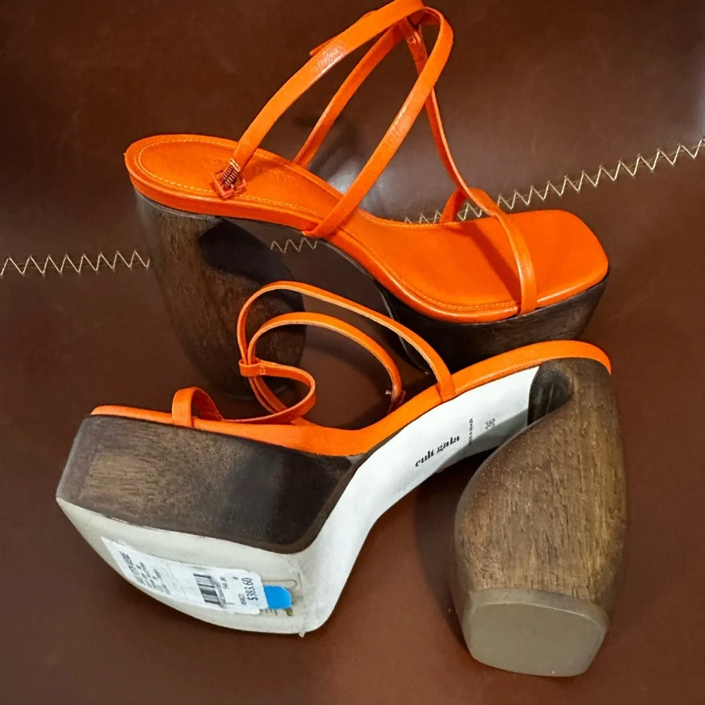 cult gaia Orange Leather Strappy Wooden Platform Sandals